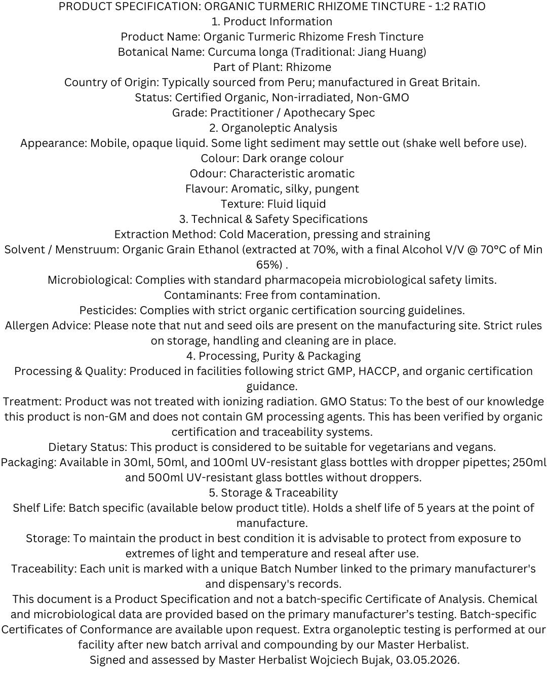 Official product specification document for Organic Turmeric Rhizome Tincture detailing the practitioner-grade 1:2 extraction ratio, organic origins, and pharmacopeia microbiological safety standards by Botanical Remedies