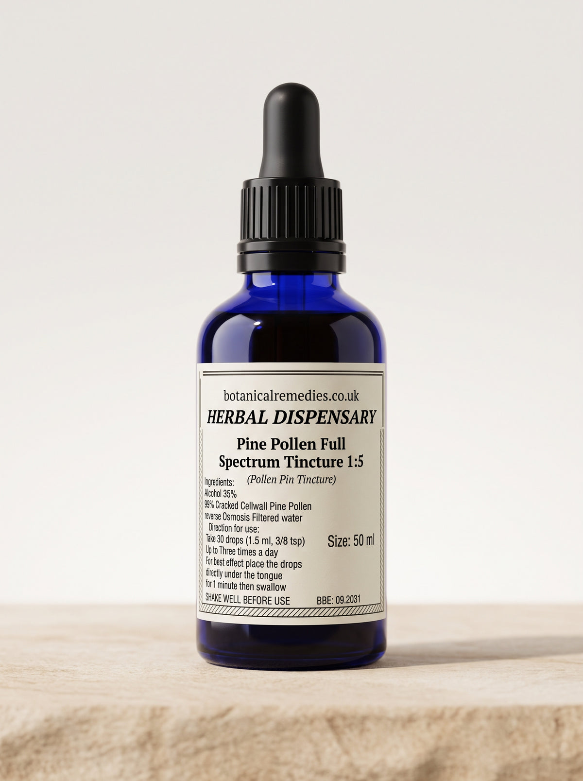 Pine Pollen Tincture 1:5 Triple Extracted Cracked Cell Wall 35% ABV amber glass dropper bottle hand-crafted in Great Britain.