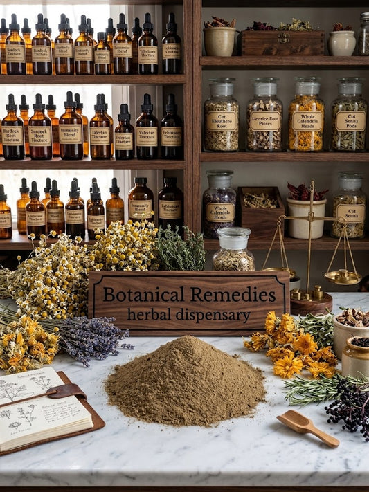 A mound of finely milled, premium Dandelion Root powder (Taraxacum officinale) displayed on a white marble counter in an authentic Botanical Remedies herbal dispensary, surrounded by traditional apothecary scales, dried flowers, and wooden shelves filled with botanical tinctures.