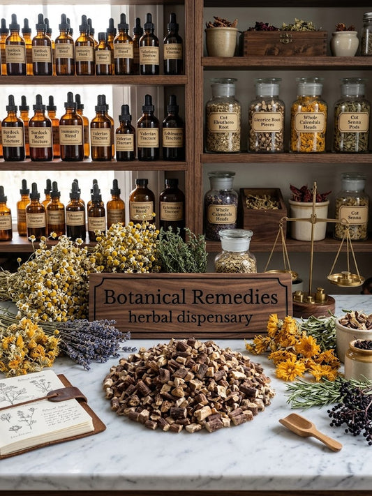 A pile of premium, loose-cut Dandelion root (Taraxacum officinale) on a white marble counter in an authentic Botanical Remedies herbal dispensary, surrounded by dried apothecary flowers and tincture bottles on wooden shelves