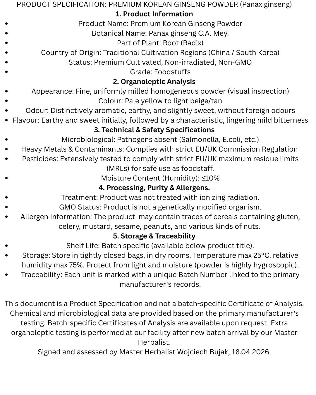 Product specification sheet for Premium Korean Ginseng powder, detailing botanical information, organoleptic analysis, safety specifications, allergen information, and storage guidelines.