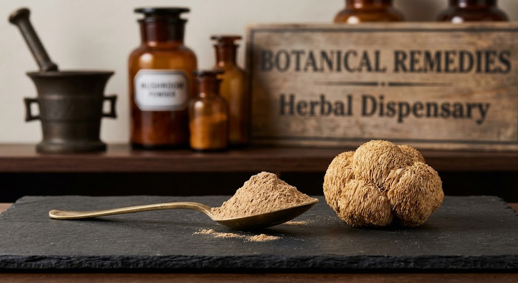 A rustic brass spoon holding fine creamy brown Premium Lion's Mane mushroom powder resting next to a whole dried Lion's Mane fruiting body on a dark slate surface inside the Botanical Remedies traditional herbal dispensary.y.
