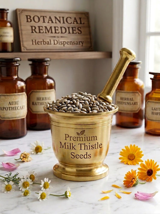 A detailed photograph of a polished brass mortar and pestle filled to the brim with whole milk thistle seeds, resting on a white marble tabletop. The front of the mortar is engraved with 'Premium Milk Thistle Seeds' and a small leaf icon. Scattered around the base are dried chamomile flowers, orange calendula blooms, and pink rose petals. In the background, several vintage-style amber glass apothecary bottles with various labels 