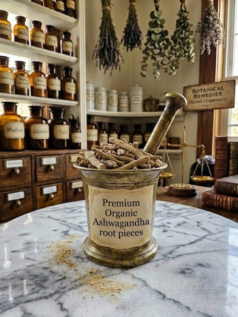 A vintage brass mortar filled with dried Premium Organic Ashwagandha root pieces, set on a marble counter in the Botanical Remedies herbal dispensary, with amber apothecary jars in the background.