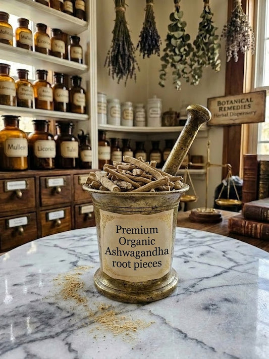 A vintage brass mortar filled with dried Premium Organic Ashwagandha root pieces, set on a marble counter in the Botanical Remedies herbal dispensary, with amber apothecary jars in the background.