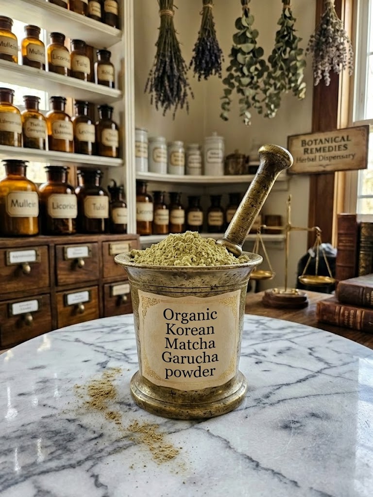 A traditional brass mortar and pestle resting on a marble countertop, filled with vibrant green Organic Korean Matcha Garucha powder. The mortar features a custom label reading 'Organic Korean Matcha Garucha powder', set against a classic herbal dispensary background with apothecary jars and botanical scales.