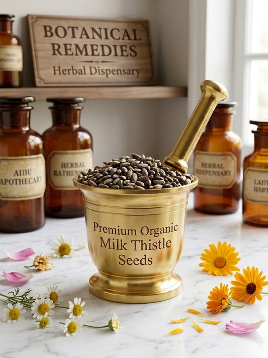 A luxurious golden brass apothecary mortar filled with whole, mottled grey-brown Premium Organic Milk Thistle seeds (Silybum marianum). The front is clearly engraved with the product name. This professional setup sits on a marble table with background elements like vintage amber jars and a 'Botanical Remedies Herbal Dispensary' sign, showcasing uncompromised practitioner-grade quality.