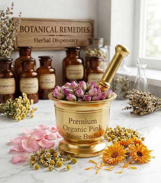 Whole dried Yellow Rose Buds (Rosa damascena) overflow from a polished golden brass mortar and pestle set on a white marble table. Surrounded by a delicate scattering of loose pink rose petals, vibrant orange calendula, and dried chamomile blossoms. The "Botanical Remedies Herbal Dispensary" sign is visible in the background, conveying high-end, practitioner-grade apothecary quality, meticulously sourced for holistic beauty, skin radiance, and premium traditional infusions.