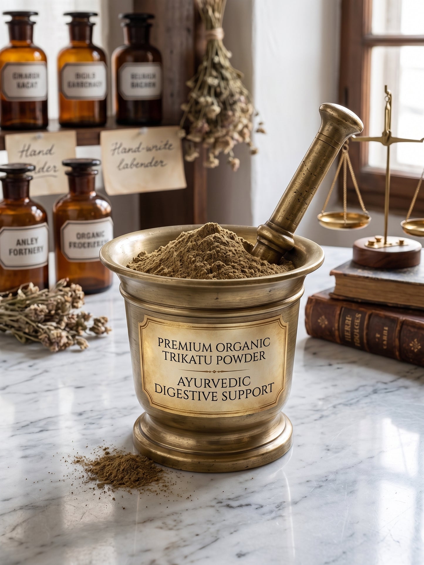 Premium organic Trikatu powder inside a vintage brass mortar on a marble table, surrounded by traditional apothecary bottles and scales for digestive support