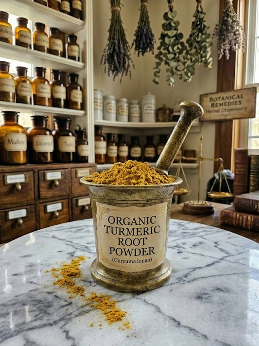 A traditional brass mortar and pestle resting on a marble countertop, filled with vibrant golden Organic Turmeric Root powder. The mortar features a custom label reading 'ORGANIC TURMERIC ROOT POWDER (Curcuma longa)', set against a classic herbal dispensary background with apothecary jars and botanical scales.