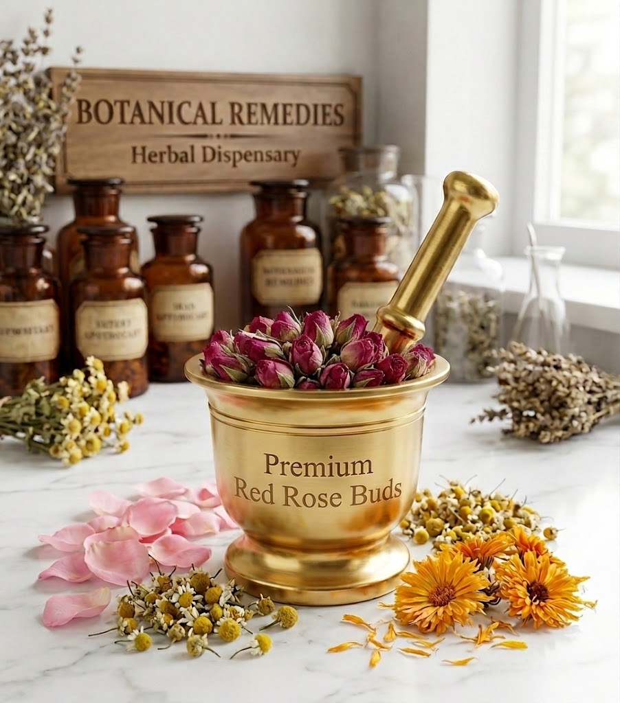 A luxurious golden brass mortar filled with premium dried Pink Rose Buds (Rosa centifolia) sits on a pristine white marble apothecary table. Surrounded by scattered pink petals, chamomile, and calendula. In the softly blurred background, vintage amber jars and a Botanical Remedies Herbal Dispensary sign highlight the practitioner-grade quality and traditional use of this pure botanical.