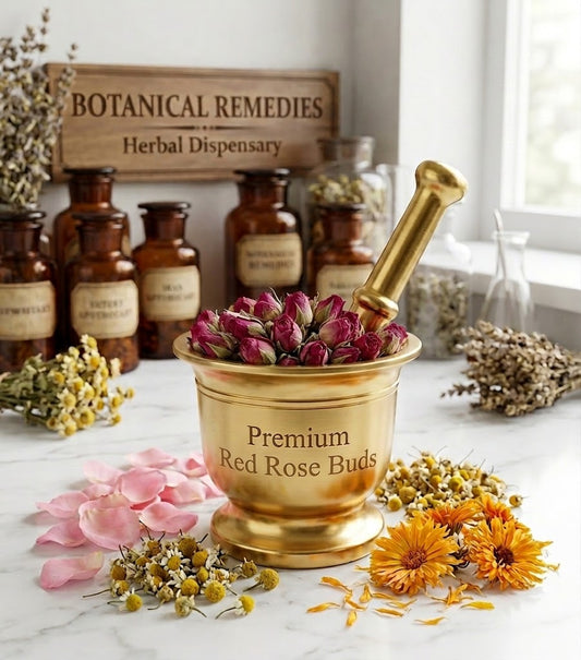 A luxurious golden brass mortar filled with premium dried Pink Rose Buds (Rosa centifolia) sits on a pristine white marble apothecary table. Surrounded by scattered pink petals, chamomile, and calendula. In the softly blurred background, vintage amber jars and a Botanical Remedies Herbal Dispensary sign highlight the practitioner-grade quality and traditional use of this pure botanical.