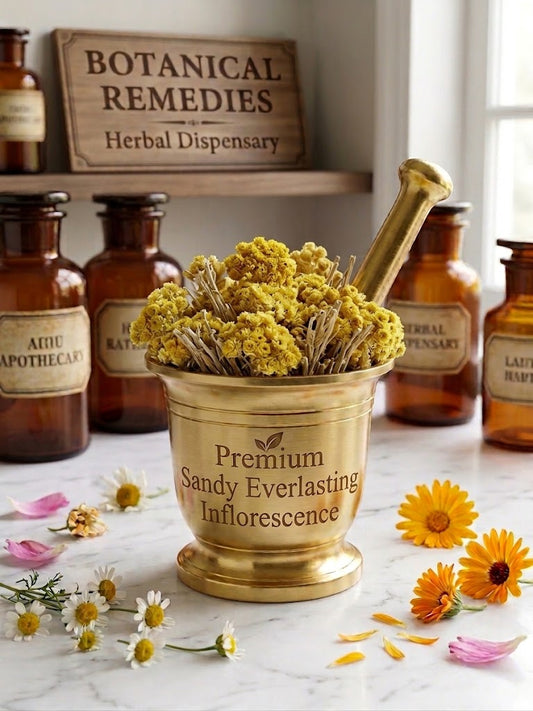 A luxurious close-up photograph of a golden brass apothecary mortar overflowing with whole, dried wildcrafted Premium Sandy Everlasting (Helichrysum arenarium) inflorescences, clearly showing the vibrant yellow flower heads mixed with their natural tan stems. The mortar front is engraved with 'Premium Sandy Everlasting Inflorescence'. It sits on a marble table surrounded by scattered chamomile, calendula, and rose petals, with vintage apothecary jars and a 'Botanical Remedies Herbal Dispensary' sign in the 