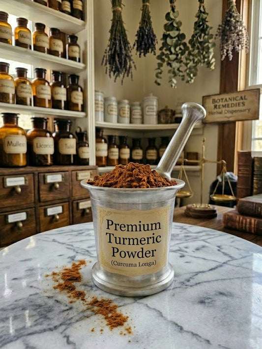A traditional silver mortar and pestle resting on a marble countertop, filled with vibrant Premium Turmeric powder. The mortar features a custom label reading 'PREMIUM TURMERIC POWDER (Curcuma longa)', set against a classic herbal dispensary background with apothecary jars and botanical scales.