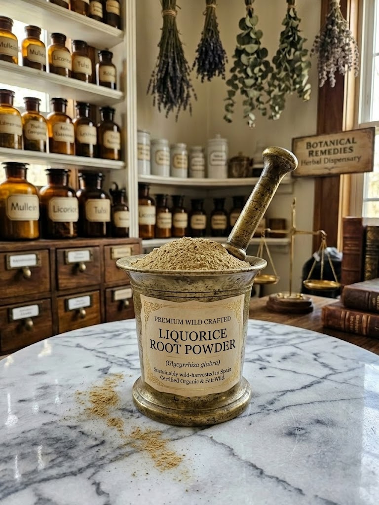 A traditional brass mortar and pestle on a marble countertop, filled with premium, wild-crafted Spanish Liquorice root powder. The detailed label reads 'LIQUORICE ROOT POWDER (Glycyrrhiza glabra) Sustainably wild-harvested in Spain. Certified Organic & FairWild.' set against a traditional herbal dispensary background.