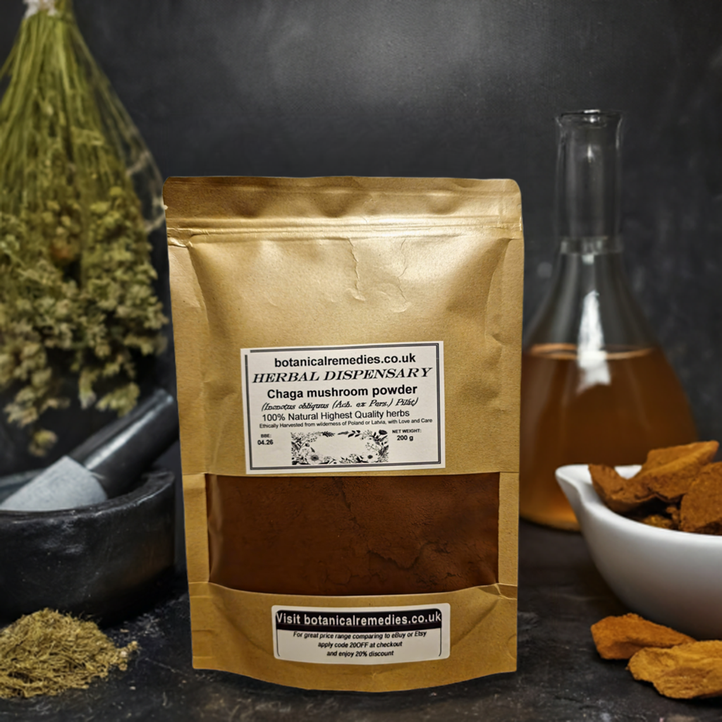 Premium wildcrafted Chaga mushroom powder in a Botanical Remedies kraft apothecary pouch
