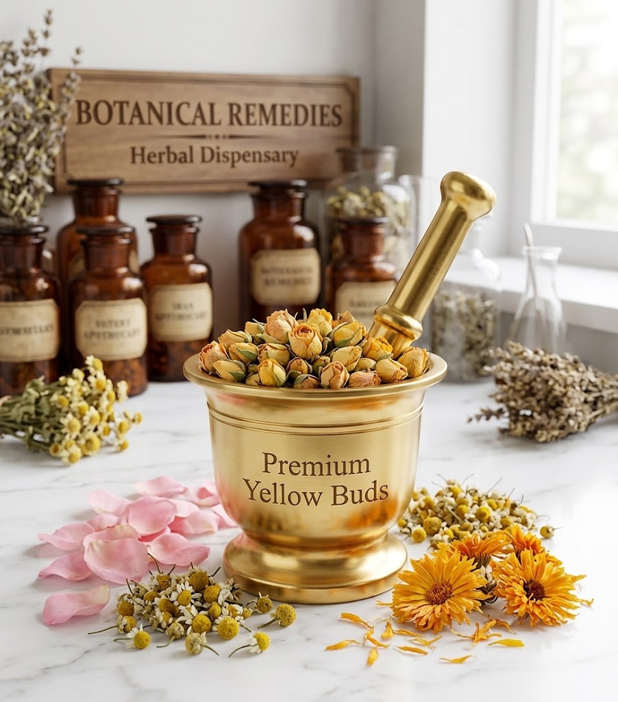 A golden mortar filled with premium dried Yellow Rose Buds (Rosa damascena) resting on a white marble table, surrounded by pink rose petals and calendula flowers. In the background, vintage amber apothecary jars and a Botanical Remedies Herbal Dispensary sign highlight the practitioner-grade quality of the botanicals.
