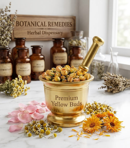 A golden mortar filled with premium dried Yellow Rose Buds (Rosa damascena) resting on a white marble table, surrounded by pink rose petals and calendula flowers. In the background, vintage amber apothecary jars and a Botanical Remedies Herbal Dispensary sign highlight the practitioner-grade quality of the botanicals.