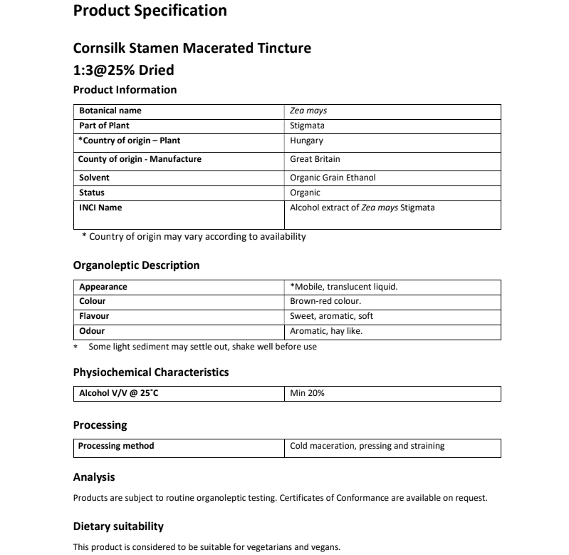 Product specification sheet for Cornsilk Tincture with details on botanical name, part of plant, and other attributes.