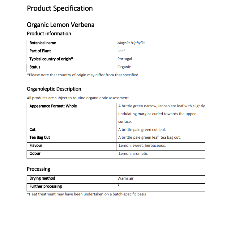 Organic Lemon Verbena Leaf whole (Aloysia triphylla)