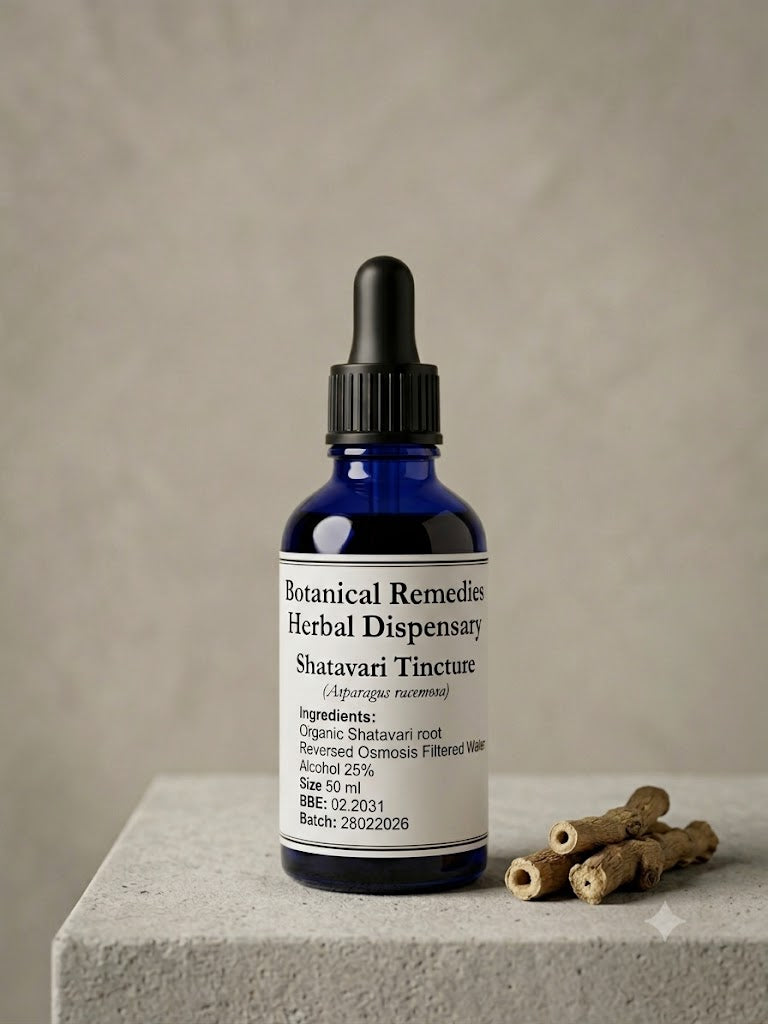 Botanical Remedies Shatavari Root Tincture (Asparagus racemosus) in a 50ml blue glass dropper bottle with raw dried root.