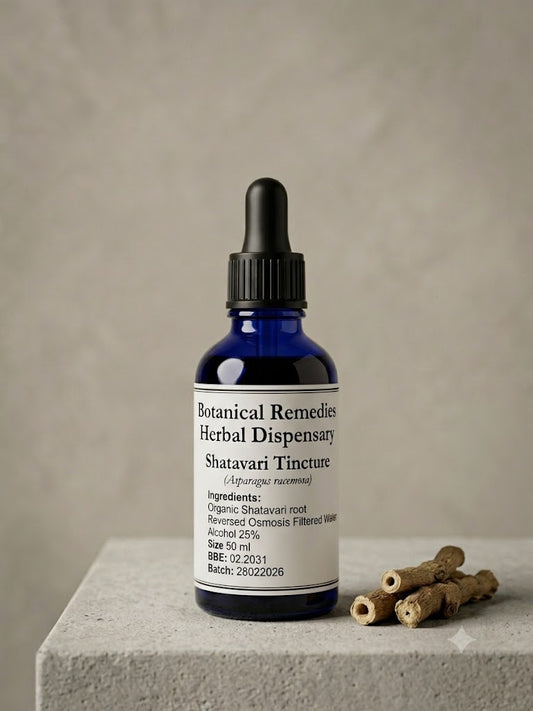 Botanical Remedies Shatavari Root Tincture (Asparagus racemosus) in a 50ml blue glass dropper bottle with raw dried root.