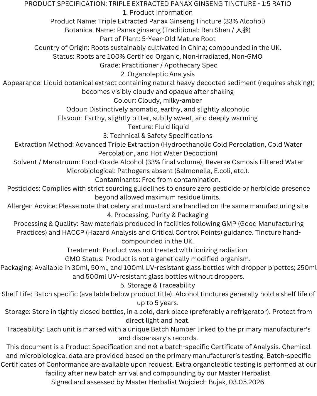 Official product specification document for Triple Extracted Panax Ginseng Tincture detailing the 1:5 ratio, organic root origin, organoleptic analysis, and UK practitioner safety standards by Botanical Remedies