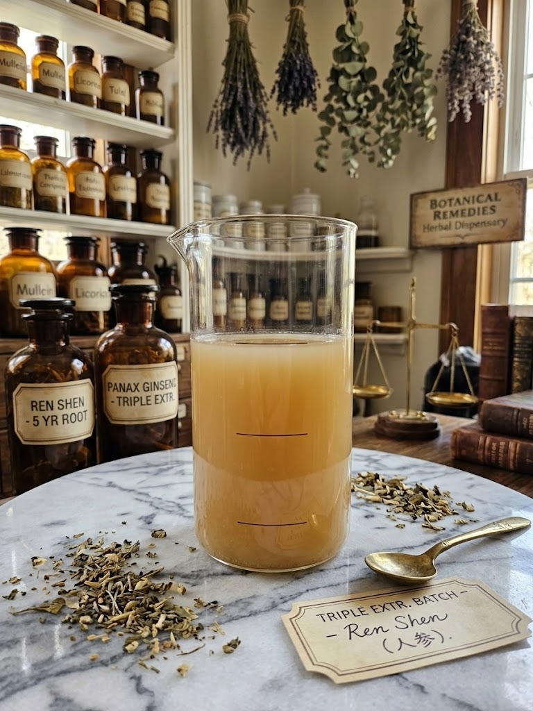 Triple Extracted Panax Ginseng Tincture raw batch in a glass beaker resting on a marble apothecary counter. The dense, cloudy amber liquid demonstrates the heavy polysaccharide extraction, surrounded by scattered dried herbs, a vintage brass spoon, and traditional apothecary shelves