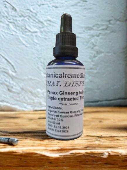 Triple Extracted Panax Ginseng Tincture in a 50ml blue glass dropper bottle resting on a rustic wooden shelf. The practitioner apothecary label by Botanical Remedies details organic Korean ginseng root and 33% alcohol