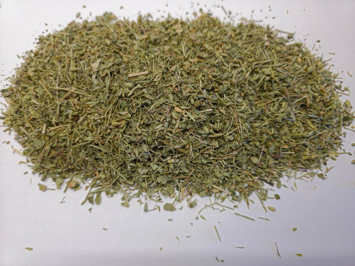 Ethically wild-crafted dried Chickweed herb cut (Stellaria media) from Poland displaying vibrant light green leaf and fine stem fragments for herbal tea infusions and skin salves.