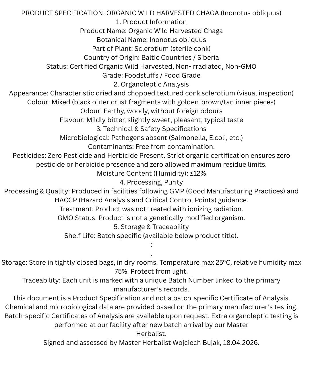 Official product specification and purity sheet for Organic Wild Harvested Chaga, detailing zero pesticide limits, GMP processing, and assessment by Master Herbalist Wojciech Bujak