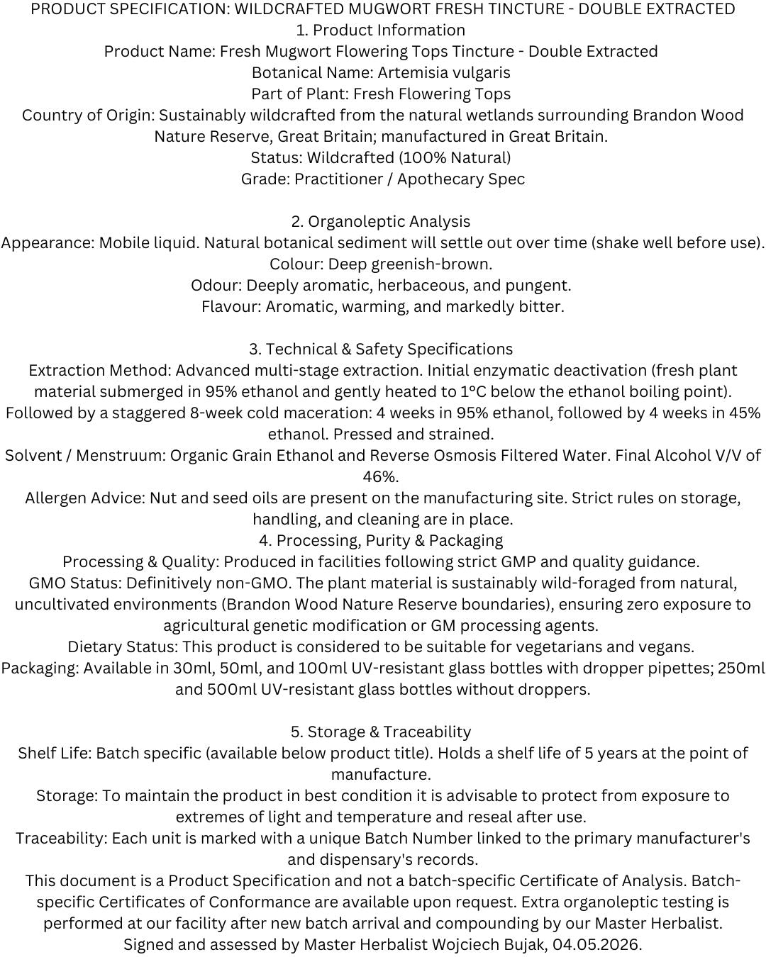 Wildcrafted Fresh Mugwort Tincture (Artemisia vulgaris) official product specification sheet. This document details the advanced double-extraction protocol, 46% final ABV, and hyper-local sustainable foraging from Brandon Wood Nature Reserve by Botanical Remedies