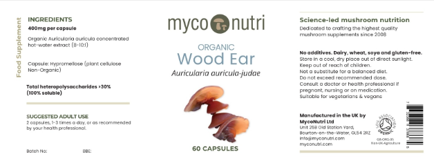 The complete supplement facts label for MycoNutri Organic Wood Ear capsules. It details the highly concentrated hot-water extract, guarantees over 30% heteropolysaccharides, and displays the Soil Association Organic certification logo